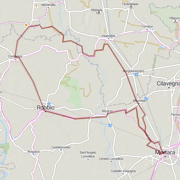 Miniaturní mapa "Gravel cyklotrasa kolem Mortara" inspirace pro cyklisty v oblasti Lombardia, Italy. Vytvořeno pomocí plánovače tras Tarmacs.app