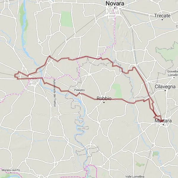 Miniatua del mapa de inspiración ciclista "Ruta de grava a Vercelli y Casalino" en Lombardia, Italy. Generado por Tarmacs.app planificador de rutas ciclistas