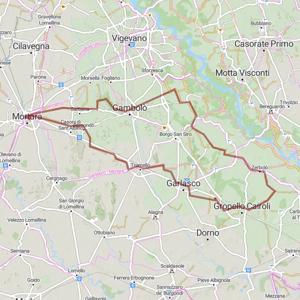 Miniatua del mapa de inspiración ciclista "Ruta de Ciclismo de Grava Mortara-Remondò" en Lombardia, Italy. Generado por Tarmacs.app planificador de rutas ciclistas