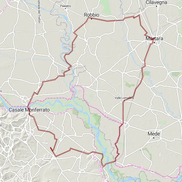 Miniatura della mappa di ispirazione al ciclismo "Cicloturismo gravel da Olevano di Lomellina a Robbio" nella regione di Lombardia, Italy. Generata da Tarmacs.app, pianificatore di rotte ciclistiche