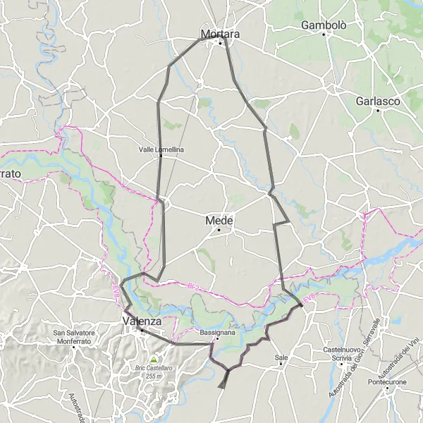 Miniatura della mappa di ispirazione al ciclismo "Road tra Pieve del Cairo e Valenza" nella regione di Lombardia, Italy. Generata da Tarmacs.app, pianificatore di rotte ciclistiche