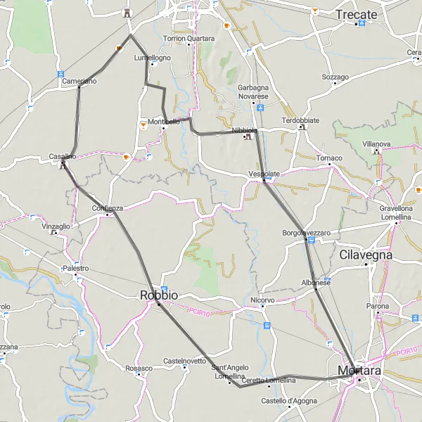 Map miniature of "Robbio to Vespolate via Cameriano" cycling inspiration in Lombardia, Italy. Generated by Tarmacs.app cycling route planner