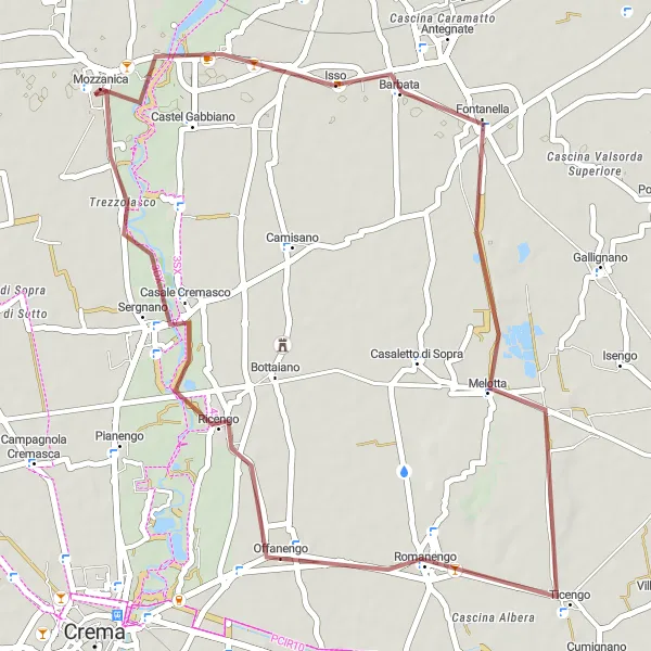 Miniatua del mapa de inspiración ciclista "Ruta Escénica de Grava a Offanengo" en Lombardia, Italy. Generado por Tarmacs.app planificador de rutas ciclistas