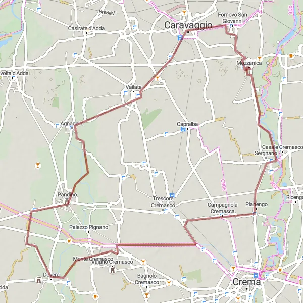 Kartminiatyr av "Spännande cykeltur till Pandino och Caravaggio" cykelinspiration i Lombardia, Italy. Genererad av Tarmacs.app cykelruttplanerare