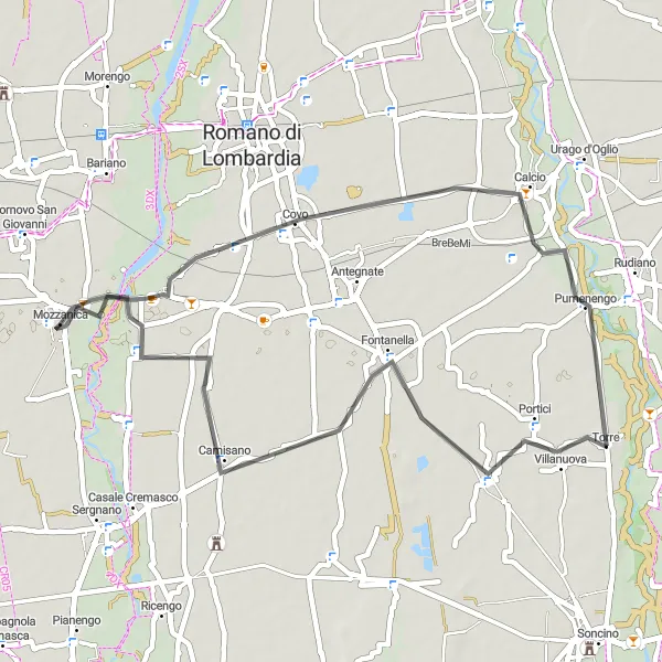 Mapa miniatúra "Okruh cez Covo a Pumenengo" cyklistická inšpirácia v Lombardia, Italy. Vygenerované cyklistickým plánovačom trás Tarmacs.app