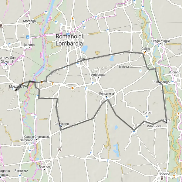 Miniatura della mappa di ispirazione al ciclismo "Giro in Bici da Mozzanica a Covo e Fontanella" nella regione di Lombardia, Italy. Generata da Tarmacs.app, pianificatore di rotte ciclistiche