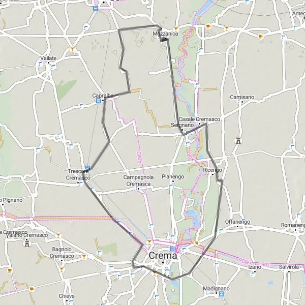 Miniatua del mapa de inspiración ciclista "Recorrido escénico de Mozzanica a Capralba" en Lombardia, Italy. Generado por Tarmacs.app planificador de rutas ciclistas