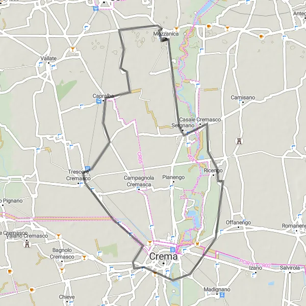 Miniatura della mappa di ispirazione al ciclismo "Giro in Bici da Mozzanica a Crema e Capralba" nella regione di Lombardia, Italy. Generata da Tarmacs.app, pianificatore di rotte ciclistiche