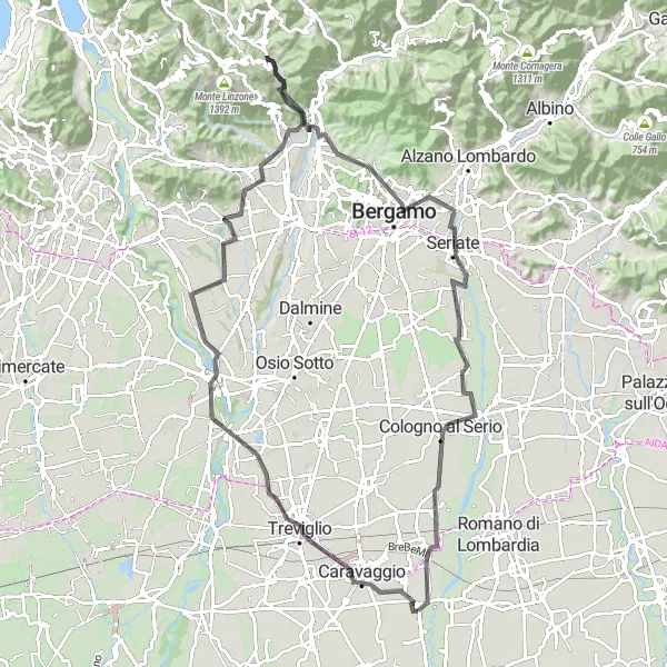 Miniatura della mappa di ispirazione al ciclismo "Giro in bicicletta da Mozzanica a Caravaggio" nella regione di Lombardia, Italy. Generata da Tarmacs.app, pianificatore di rotte ciclistiche