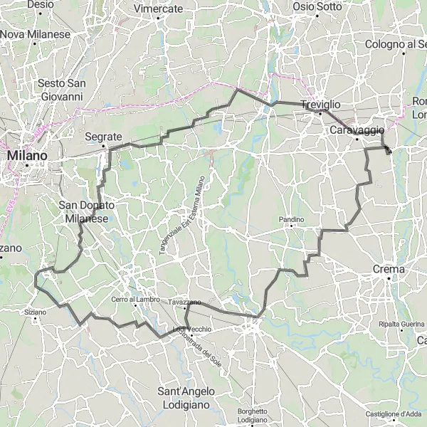 Kartminiatyr av "Landsvägsäventyr till Lodi Vecchio och Caravaggio" cykelinspiration i Lombardia, Italy. Genererad av Tarmacs.app cykelruttplanerare