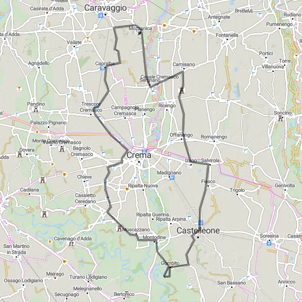 Miniatua del mapa de inspiración ciclista "Ruta de ciclismo de carretera Fiesco-Montodine" en Lombardia, Italy. Generado por Tarmacs.app planificador de rutas ciclistas