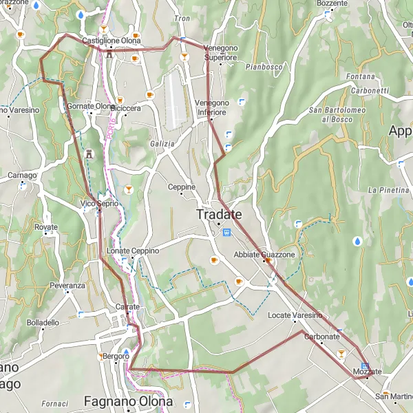 Map miniature of "Short Gravel Ride to Fagnano Olona and Castiglione Olona" cycling inspiration in Lombardia, Italy. Generated by Tarmacs.app cycling route planner