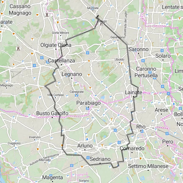 Map miniature of "Scenic Road Loop near Mozzate" cycling inspiration in Lombardia, Italy. Generated by Tarmacs.app cycling route planner