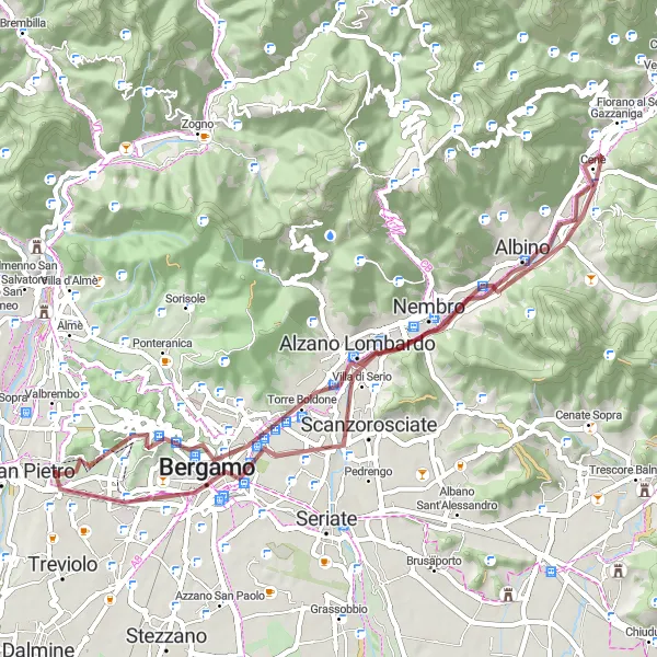 Karttaminiaatyyri "Vuoristopolku Nembrolta Mozzoon" pyöräilyinspiraatiosta alueella Lombardia, Italy. Luotu Tarmacs.app pyöräilyreittisuunnittelijalla
