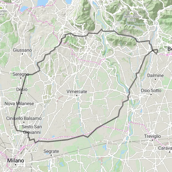 Mapa miniatúra "Cyklotúra okolo Mozza - Trezzo sull'Adda" cyklistická inšpirácia v Lombardia, Italy. Vygenerované cyklistickým plánovačom trás Tarmacs.app