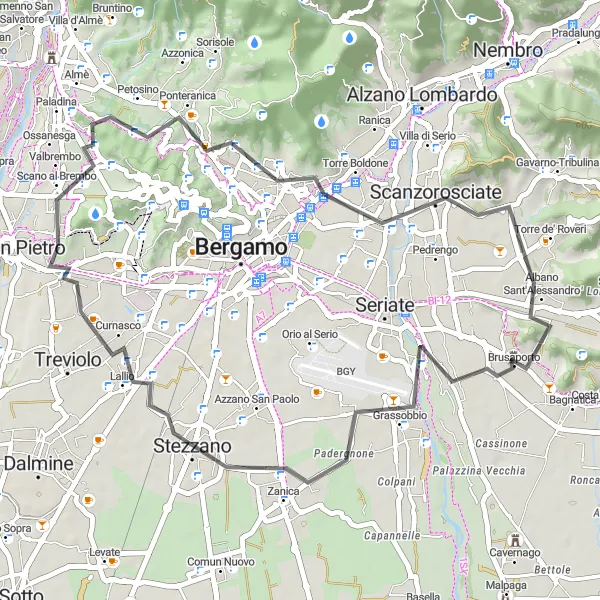 Map miniature of "Challenging Climb to Curno" cycling inspiration in Lombardia, Italy. Generated by Tarmacs.app cycling route planner