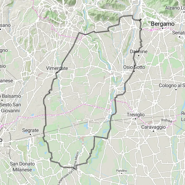 Miniatua del mapa de inspiración ciclista "Recorrido en carretera cerca de Mozzo" en Lombardia, Italy. Generado por Tarmacs.app planificador de rutas ciclistas