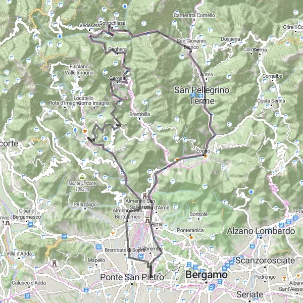 Map miniature of "Climbing Challenge: Vigna to Mozzo" cycling inspiration in Lombardia, Italy. Generated by Tarmacs.app cycling route planner