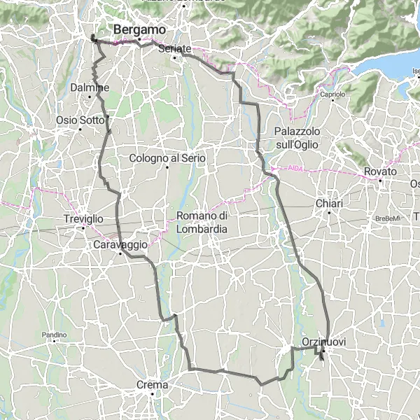 Miniatura della mappa di ispirazione al ciclismo "Trasversale da Bergamo a Offanengo - Itinerario stradale di 122 km" nella regione di Lombardia, Italy. Generata da Tarmacs.app, pianificatore di rotte ciclistiche