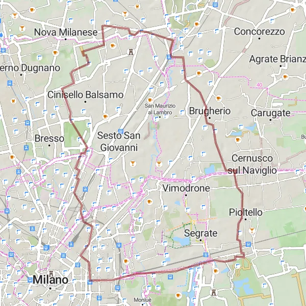 Mapa miniatúra "Gravelová trasa Monza - Muggiò" cyklistická inšpirácia v Lombardia, Italy. Vygenerované cyklistickým plánovačom trás Tarmacs.app