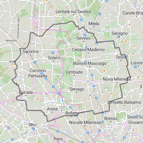 Miniatura della mappa di ispirazione al ciclismo "Giro panoramico tra Rovello Porro e Barlassina" nella regione di Lombardia, Italy. Generata da Tarmacs.app, pianificatore di rotte ciclistiche