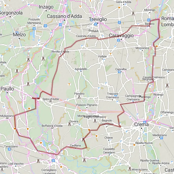 Miniatua del mapa de inspiración ciclista "Aventura en Bicicleta por Rutas de Grava cerca de Mulazzano" en Lombardia, Italy. Generado por Tarmacs.app planificador de rutas ciclistas