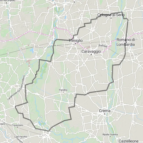 Miniature de la carte de l'inspiration cycliste "Exploration cycliste de Mulazzano à Arcagna" dans la Lombardia, Italy. Générée par le planificateur d'itinéraire cycliste Tarmacs.app