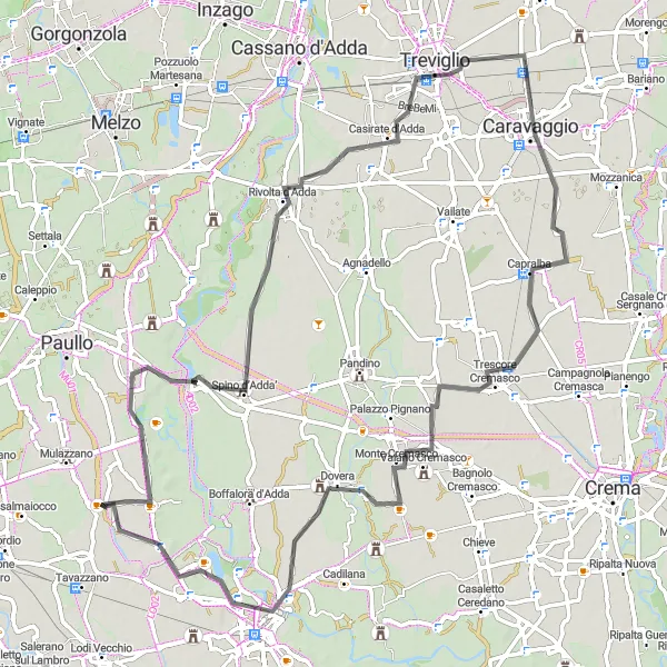 Miniatua del mapa de inspiración ciclista "Ruta por carretera a Lodi y Caravaggio" en Lombardia, Italy. Generado por Tarmacs.app planificador de rutas ciclistas