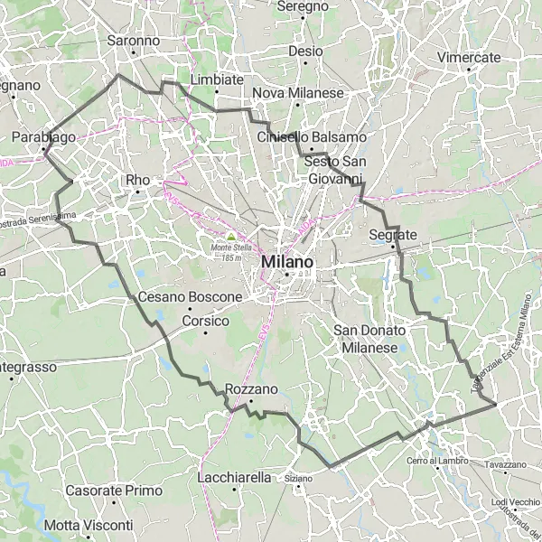 Miniature de la carte de l'inspiration cycliste "Parcours panoramique de Mulazzano à Peschiera Borromeo" dans la Lombardia, Italy. Générée par le planificateur d'itinéraire cycliste Tarmacs.app