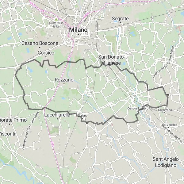 Kartminiatyr av "Lacchiarella till Mulazzano cykeltur" cykelinspiration i Lombardia, Italy. Genererad av Tarmacs.app cykelruttplanerare