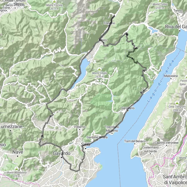 Miniaturní mapa "Náročná cyklotrasa kolem Monte Tremalzo" inspirace pro cyklisty v oblasti Lombardia, Italy. Vytvořeno pomocí plánovače tras Tarmacs.app