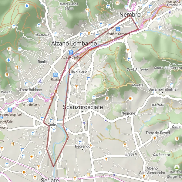 Mapa miniatúra "Krátky gravelový okruh cez Nembro a Seriate" cyklistická inšpirácia v Lombardia, Italy. Vygenerované cyklistickým plánovačom trás Tarmacs.app