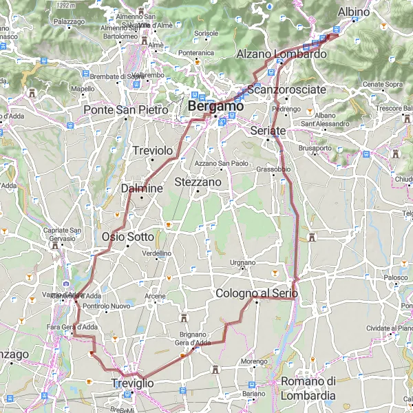 Miniatura della mappa di ispirazione al ciclismo "Gravel Cycling Adventure around Nembro" nella regione di Lombardia, Italy. Generata da Tarmacs.app, pianificatore di rotte ciclistiche