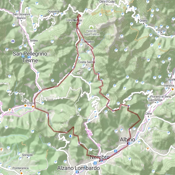 Mapa miniatúra "Gravelový okruh s vrcholom na Monte Cornagera" cyklistická inšpirácia v Lombardia, Italy. Vygenerované cyklistickým plánovačom trás Tarmacs.app