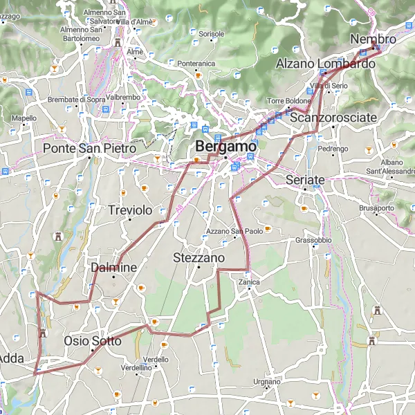 Map miniature of "Bergamo Gravel Adventure" cycling inspiration in Lombardia, Italy. Generated by Tarmacs.app cycling route planner