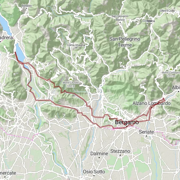 Map miniature of "Bergamo Legends" cycling inspiration in Lombardia, Italy. Generated by Tarmacs.app cycling route planner