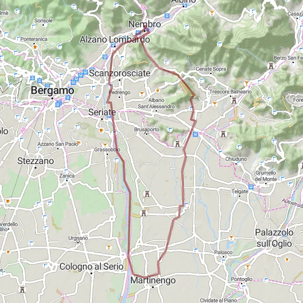 Map miniature of "Gravel Adventure to Nembro" cycling inspiration in Lombardia, Italy. Generated by Tarmacs.app cycling route planner