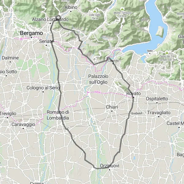 Miniatura mapy "Długa trasa road cycling przez Rovato i Romano di Lombardia" - trasy rowerowej w Lombardia, Italy. Wygenerowane przez planer tras rowerowych Tarmacs.app