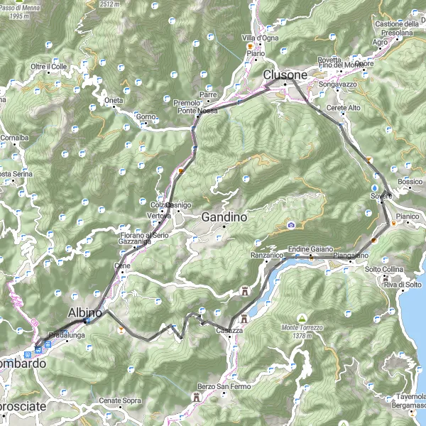 Kartminiatyr av "Oppdag Clusone og Corno Mailino" sykkelinspirasjon i Lombardia, Italy. Generert av Tarmacs.app sykkelrutoplanlegger