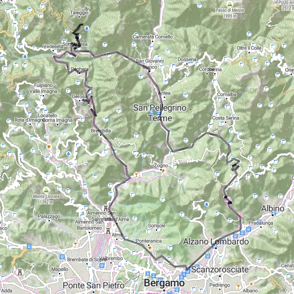 Map miniature of "Alzano Lombardo and Corna di Pizzino Epic Ride" cycling inspiration in Lombardia, Italy. Generated by Tarmacs.app cycling route planner