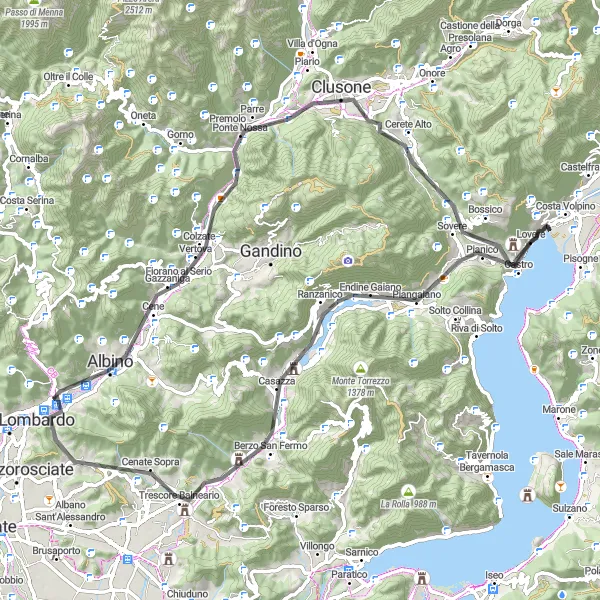 Kartminiatyr av "Utflykt till byar och kullar runt Nembro" cykelinspiration i Lombardia, Italy. Genererad av Tarmacs.app cykelruttplanerare