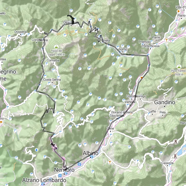 Miniatuurkaart van de fietsinspiratie "Avontuurlijke Klimroute via Colle di Zambla en Monte Podona" in Lombardia, Italy. Gemaakt door de Tarmacs.app fietsrouteplanner