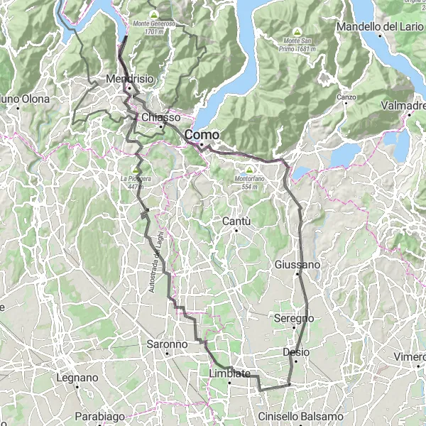 Kartminiatyr av "Spennende Rundtur til Albavilla" sykkelinspirasjon i Lombardia, Italy. Generert av Tarmacs.app sykkelrutoplanlegger