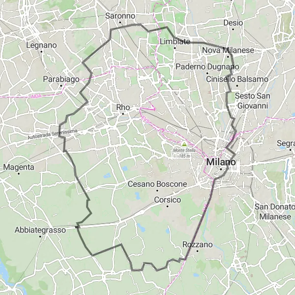Miniatua del mapa de inspiración ciclista "Descubriendo el Oeste de Milán en Bicicleta de Carretera" en Lombardia, Italy. Generado por Tarmacs.app planificador de rutas ciclistas