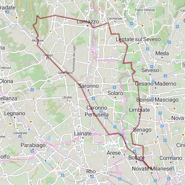 Miniatua del mapa de inspiración ciclista "Ruta de Grava Caronno Pertusella-Limbiate" en Lombardia, Italy. Generado por Tarmacs.app planificador de rutas ciclistas