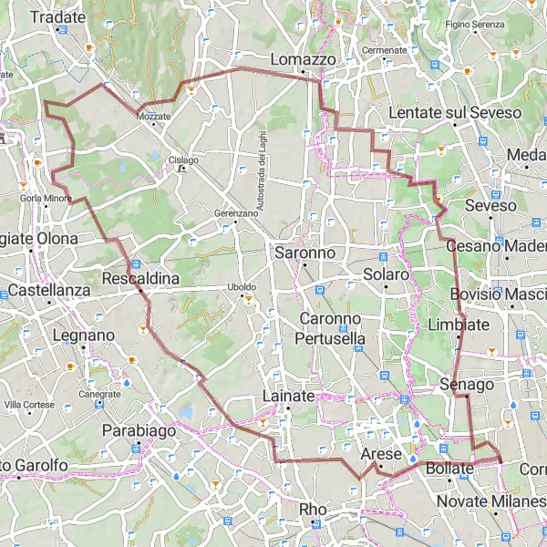 Miniatua del mapa de inspiración ciclista "Ruta de Grava Arese-Limbiate" en Lombardia, Italy. Generado por Tarmacs.app planificador de rutas ciclistas