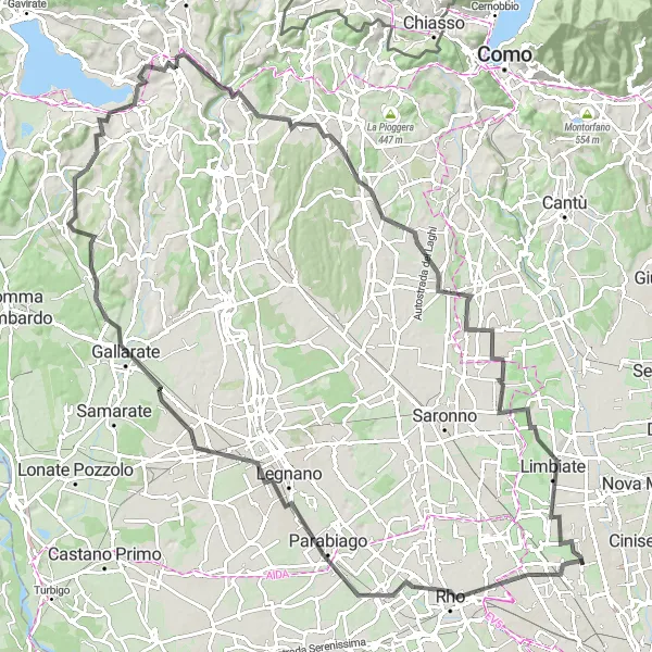 Zemljevid v pomanjšavi "Izzivalna kolesarska avantura v Lombardiji" kolesarske inspiracije v Lombardia, Italy. Generirano z načrtovalcem kolesarskih poti Tarmacs.app