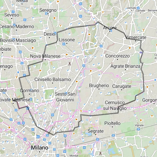 Miniatua del mapa de inspiración ciclista "Ruta de ciclismo de carretera por Belvedere, Nova Milanese, Arcore, Caponago, Cassina de' Pecchi y Collina del Parco Lambro" en Lombardia, Italy. Generado por Tarmacs.app planificador de rutas ciclistas