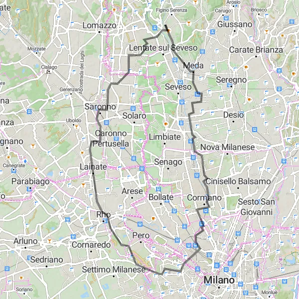 Map miniature of "Meda to Lazzate" cycling inspiration in Lombardia, Italy. Generated by Tarmacs.app cycling route planner