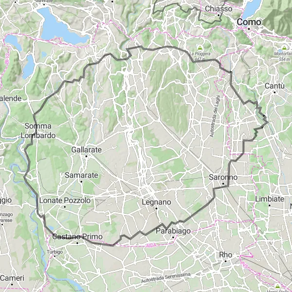 Mapa miniatúra "Challenging road cycling loop near Novedrate" cyklistická inšpirácia v Lombardia, Italy. Vygenerované cyklistickým plánovačom trás Tarmacs.app